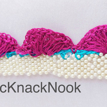 Fuchsia Pink / Black Crochet Trim With Off White Pearls, Scallop Trimming, Approx. 30mm wide